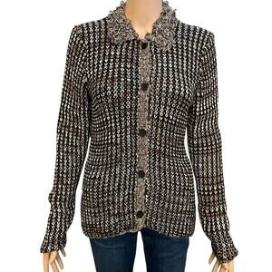 90s VTG Michael Simon Crochet Knit Cardigan Medium Fringe Collar Artsy Retro